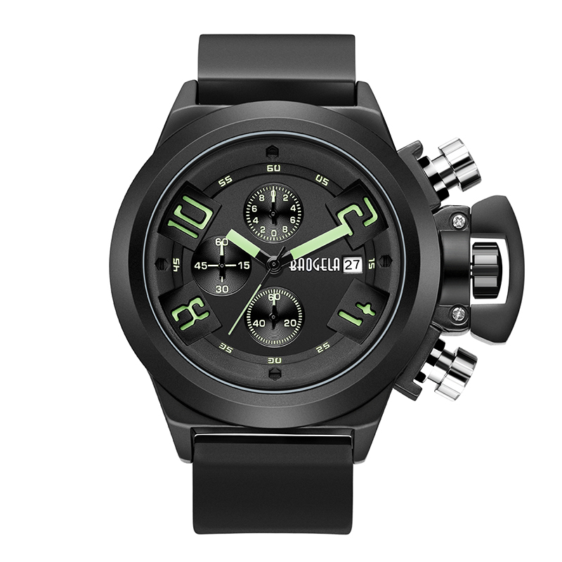 Baogela Chronograph 시계 최고의 브랜드 고급스러운 실리콘 쿼츠 손목 시계 군사 스포츠 손목 시계 Man 1606 Green