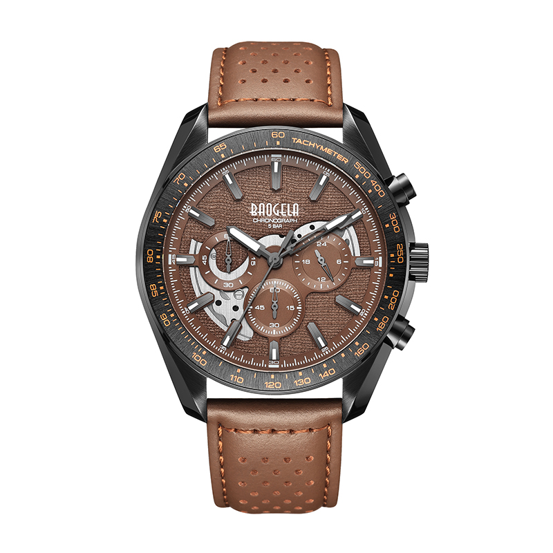 Baogela New Luxury Men Sport Quartz 남성 크로노 그래프 캘린더 일본 운동 50bar 최고 브랜드 시계 정품 가죽 손목 시계 22804